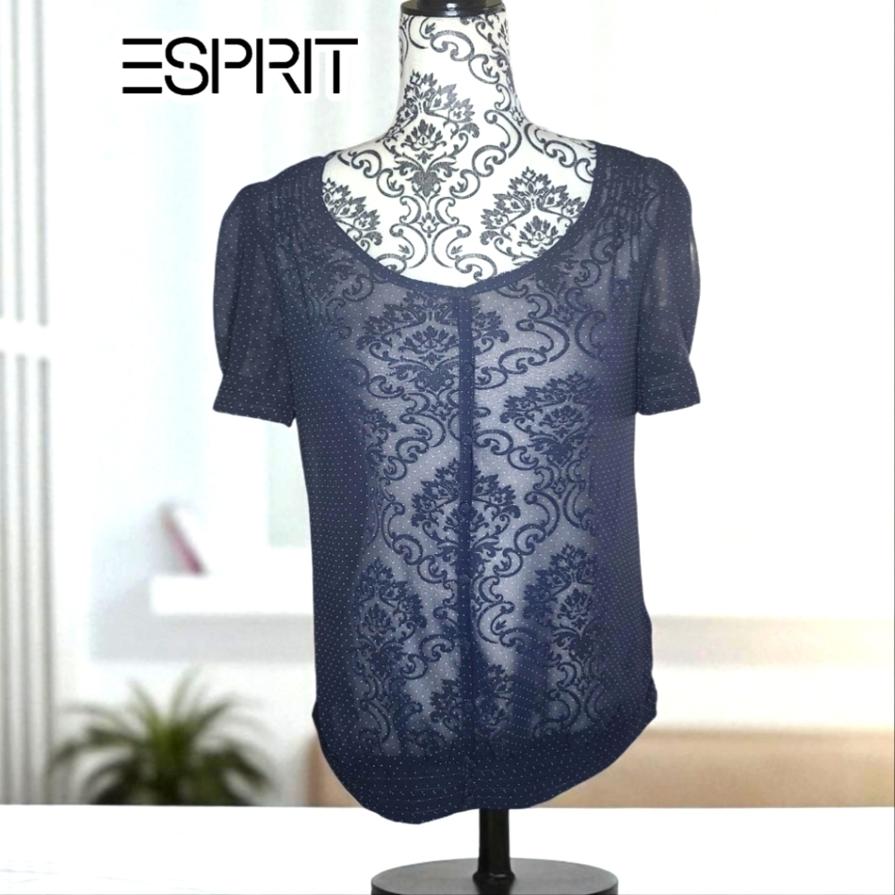 DE.CORP by ESPRIT Black Sheer Polka Dot Blouse - Small